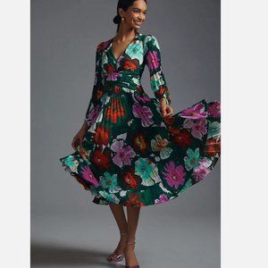 Maeve Anthropologie Pleated V-Neck Dress in Dark Green Size 0 NWOT $220